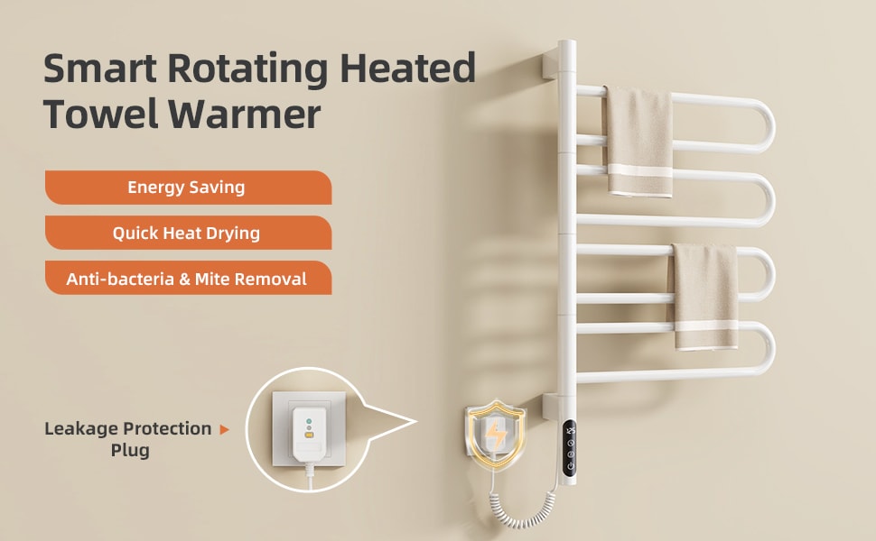 SIOYIE Electric Towel Warmer 180° Rotating Heated Towel Rack With 1-9H Timer 115℉-155℉,135W Wall-Mounted 8 Bars Electric Towel Rail, Concealed Installation,Towel Warmer For Bathroom White_voghion.com